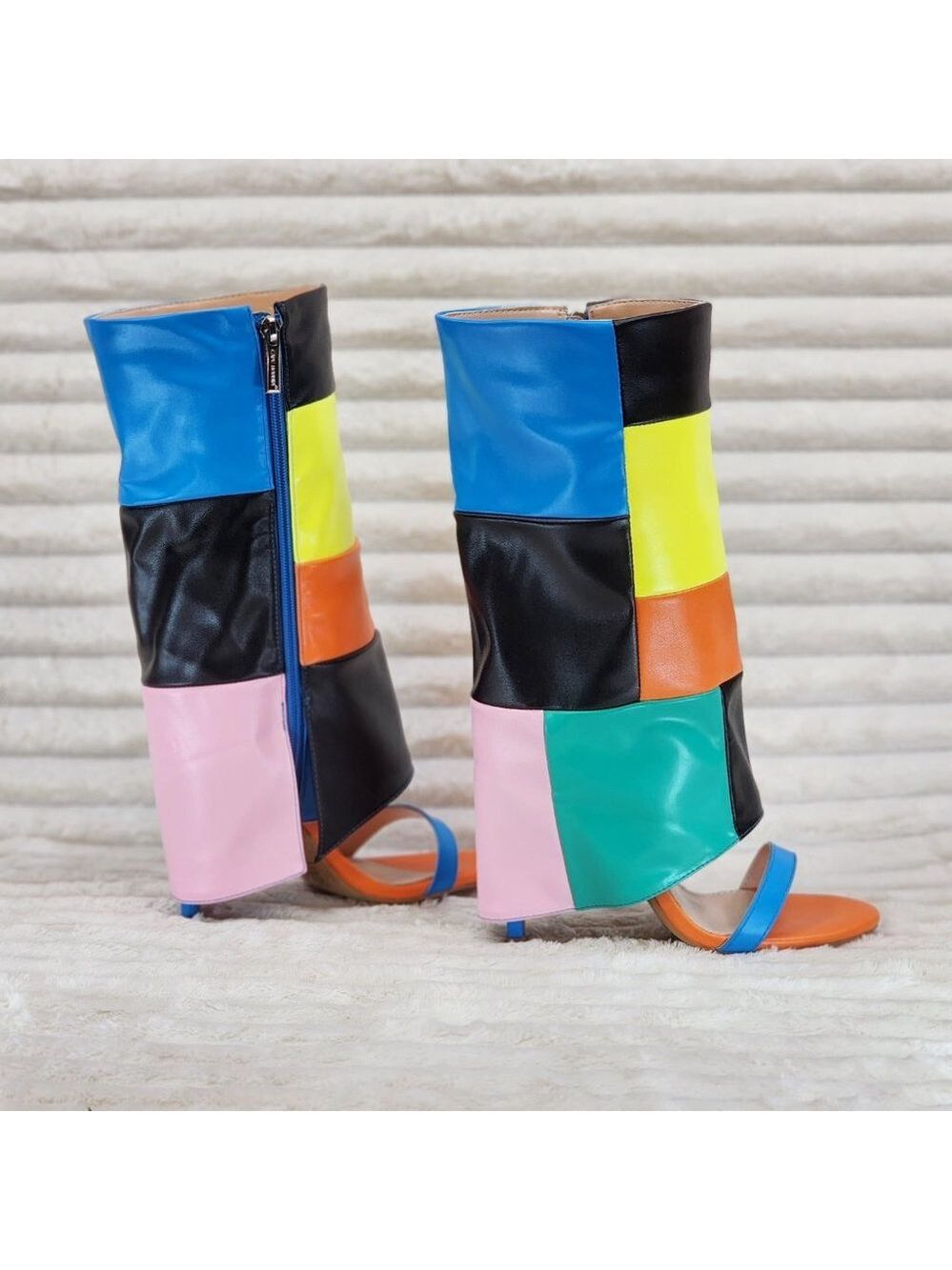 Paris Color Block Stiletto Fold Over Skirted Shootie Boot Sandals - Picture 4 of 15